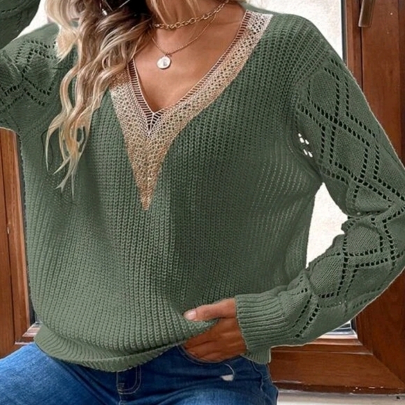 NEW Boho Lace Trim V Neck Open Pointelle Knit Sweater Top Light Green Tan - Picture 4 of 7